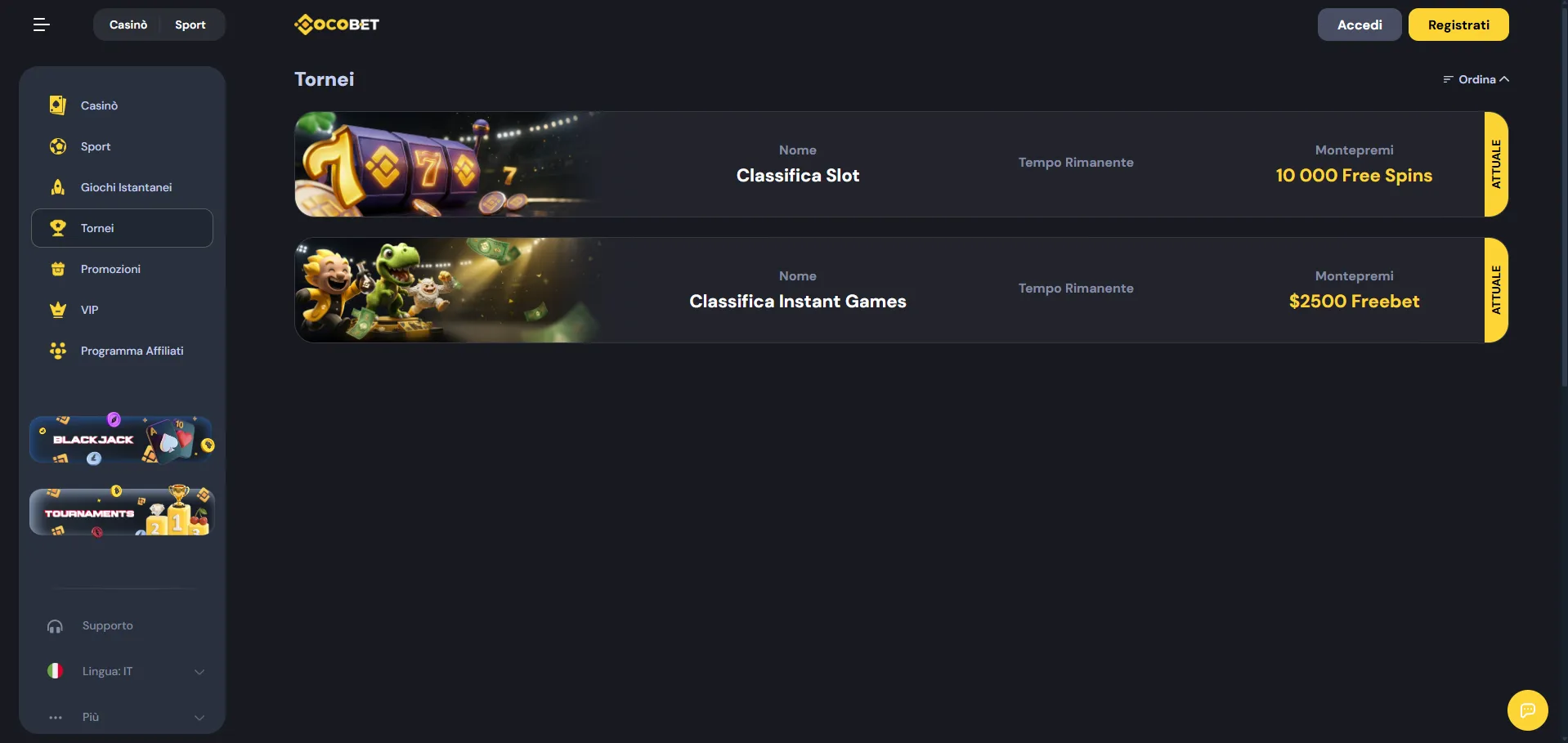 Pagina tornei e classifiche di Cocobet