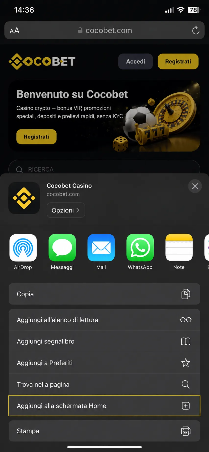 Menu Aggiungi alla schermata Home su iOS
