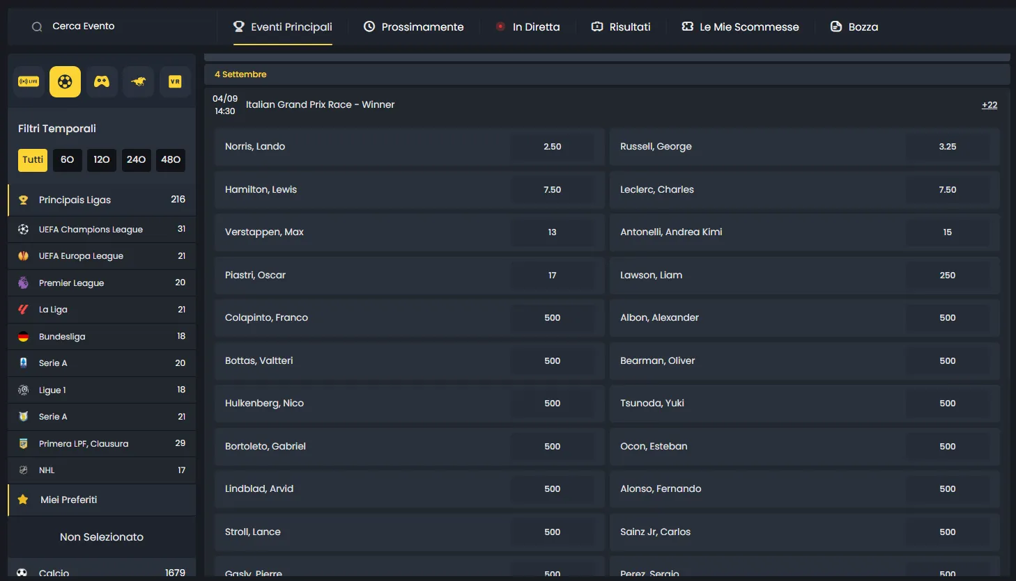 Pagina delle scommesse sportive con quote su Cocobet