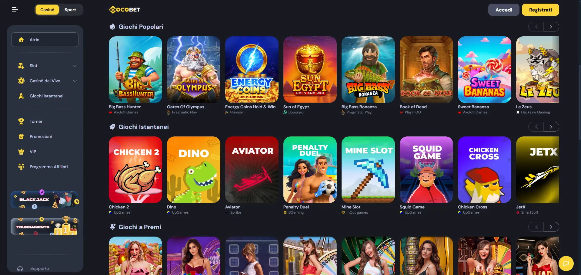 Categorie di giochi disponibili su Cocobet