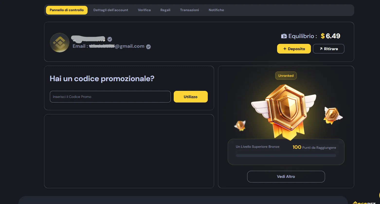 Pannello di controllo del conto Cocobet