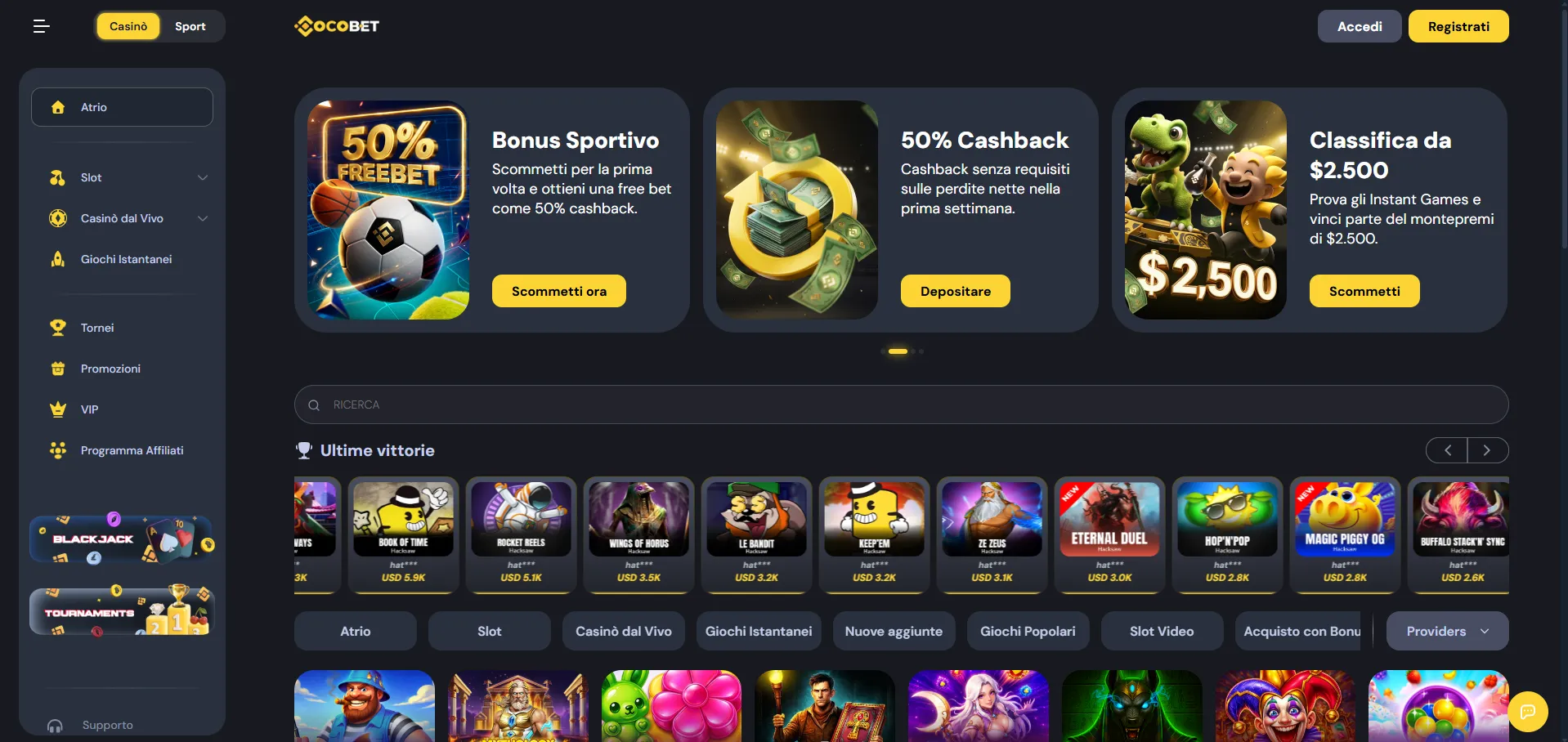 Homepage del casinò Cocobet su desktop