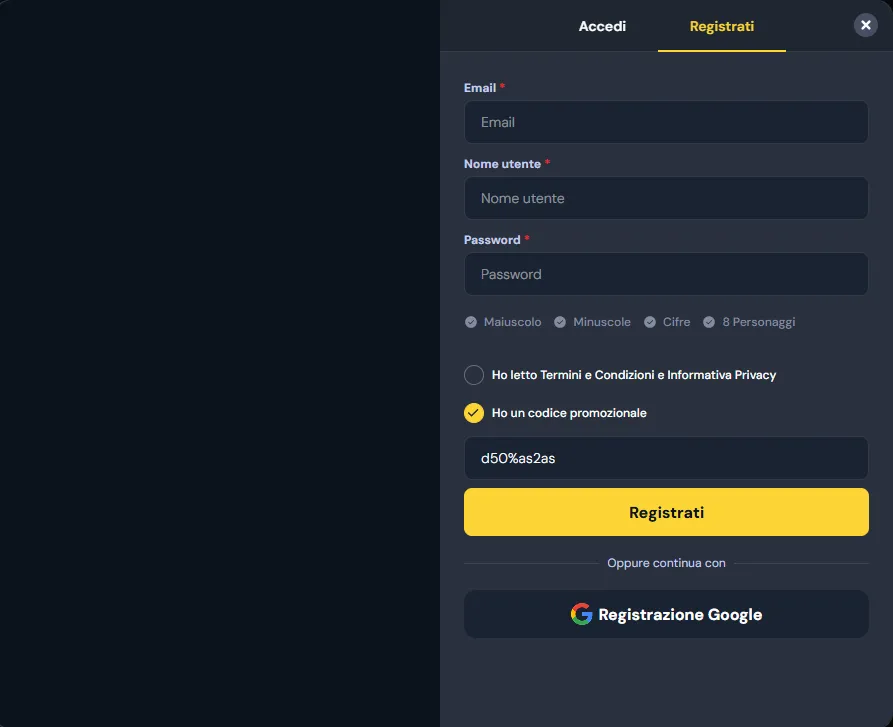 Campo del codice promozionale nel modulo di registrazione Cocobet